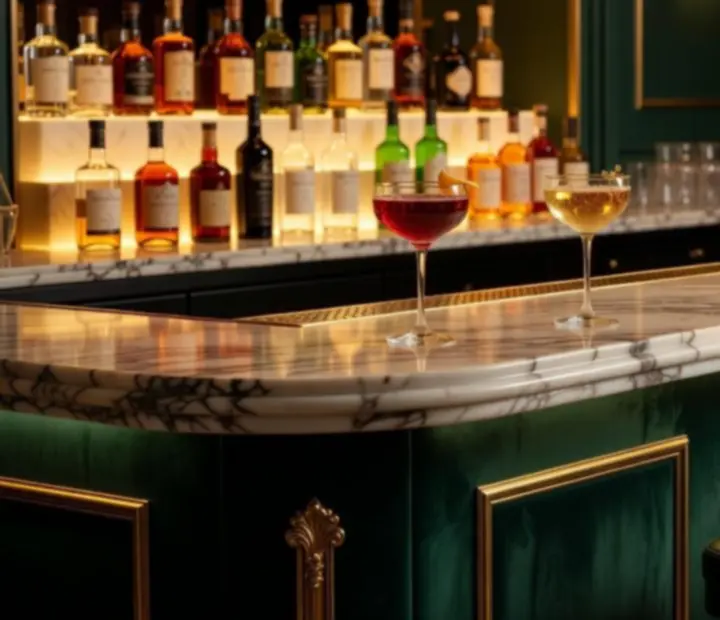 Bar raffiné avec cocktails colorés et lumière tamisée
