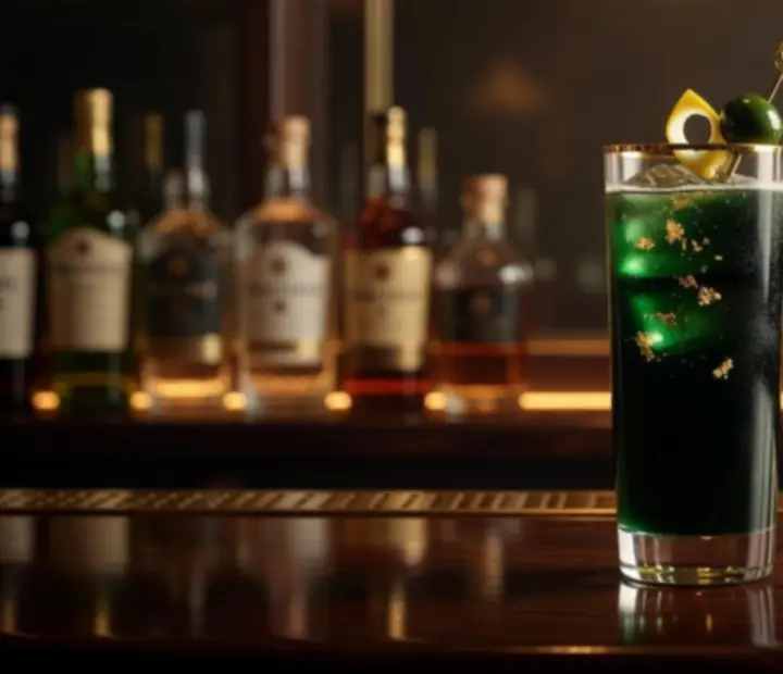 Cocktail signature vert et doré au bar de Top Repères Plus