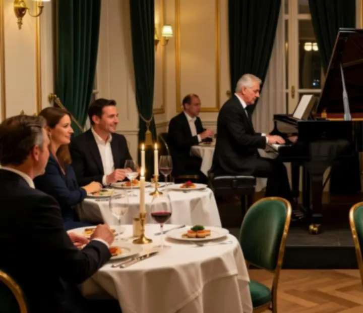 Musiciens de jazz jouant en live dans un restaurant élégant.