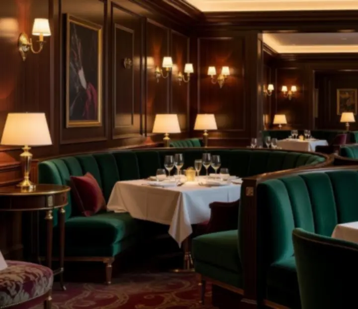 Intérieur du restaurant Top Repères Plus, décor élégant avec boiseries, velours et lumières feutrées.