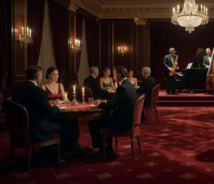 Ambiance de soirée feutrée au restaurant, lumières chaudes et convives autour des tables.