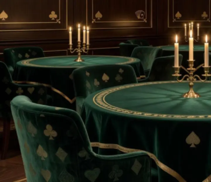 Décor raffiné inspiré de l'univers casino avec éclairages dorés et tables élégantes.