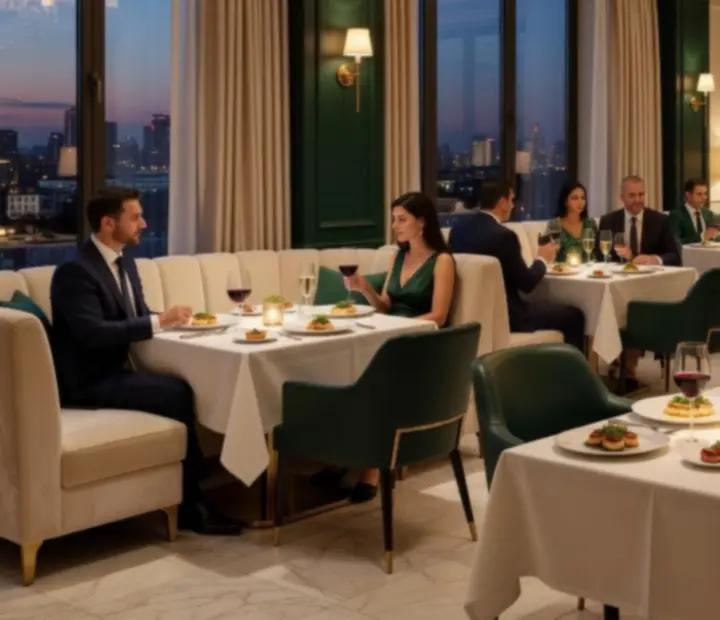 Ambiance de soirée élégante dans le restaurant Top Repères Plus, tables dressées et lumières tamisées.