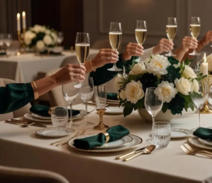 Table de dîner dressée pour une célébration élégante avec bougies et vaisselle raffinée.