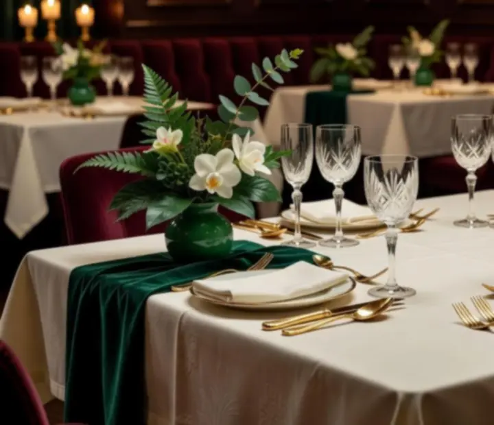 Table de restaurant élégante avec vaisselle raffinée et lumière tamisée.